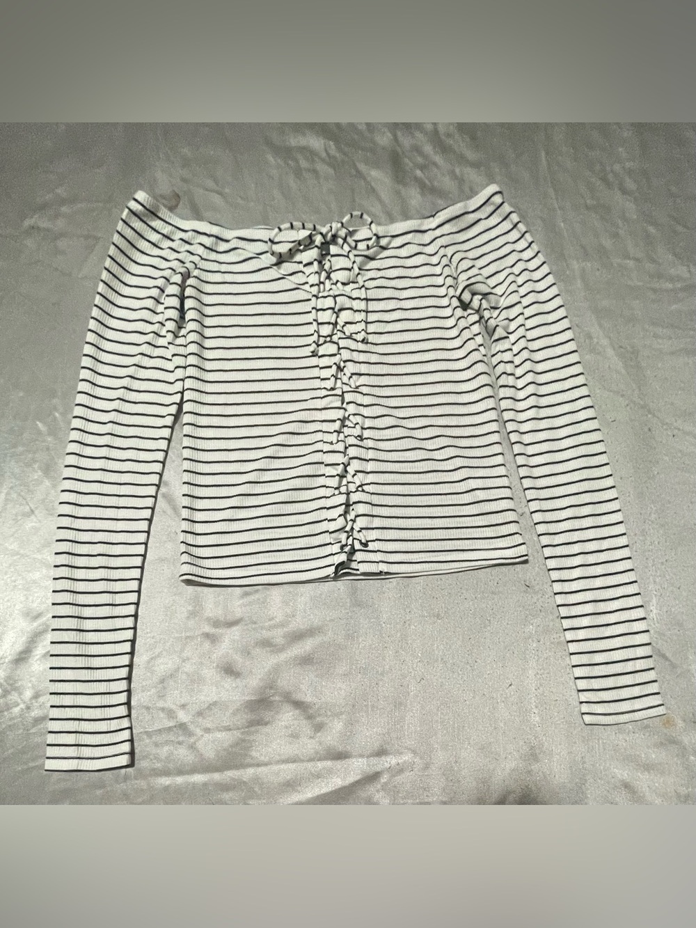 Aeropostale White and Black Striped Off-Shoulder Lace-Up Crop Top